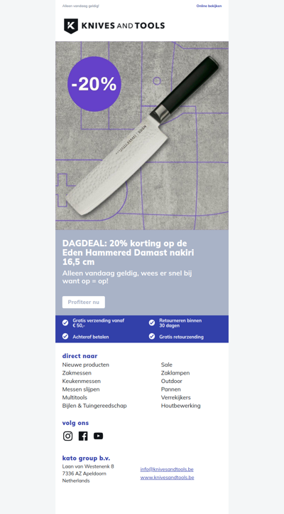 DAGDEAL: 20% korting op de Eden Hammered Damast nakiri 16,5 cm