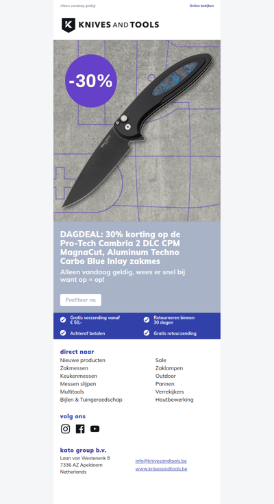 DAGDEAL: 30% korting op de Pro-Tech Cambria 2 DLC CPM MagnaCut, Aluminum Techno Carbo Blue Inlay zakmes