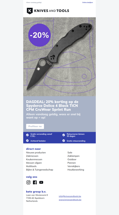 DAGDEAL: 20% korting op de Spyderco Delica 4 Black TiCN CPM CruWear Sprint Run