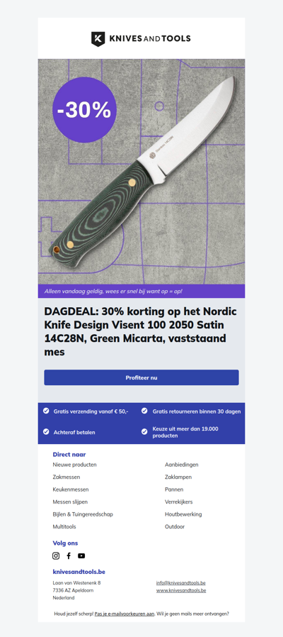 DAGDEAL: 30% korting op het Nordic Knife Design Visent 100 2050 Satin 14C28N, Green Micarta, vaststaand mes