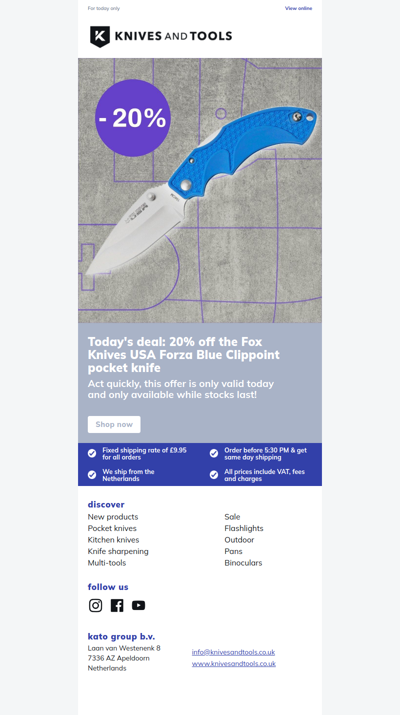 DEAL OF THE DAY: 20% off the Fox Knives USA Forza Blue Clippoint pocket knife