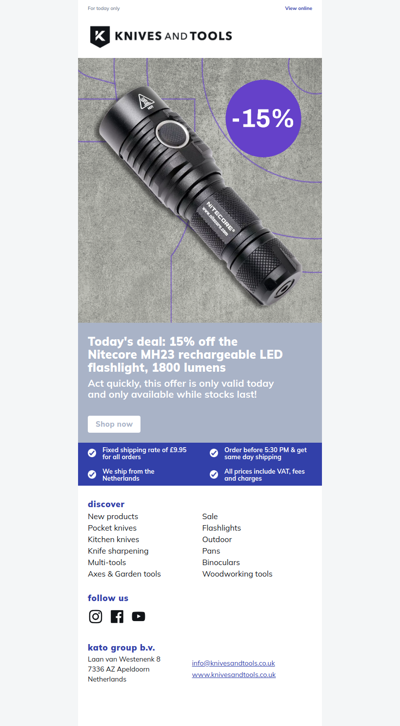 DEAL OF THE DAY: 15% off the Nitecore MH23 rechargeable LED flashlight, 1800 lumens