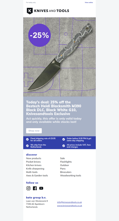 DEAL OF THE DAY: 25% off the Bestech Heidi Blacksmith M390 Black DLC, Black White G10, Knivesandtools Exclusive