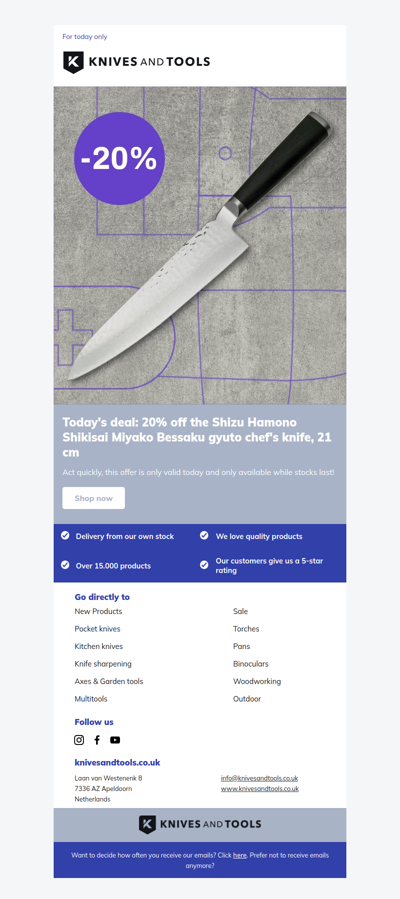 DEAL OF THE DAY: 20% off the Shizu Hamono Shikisai Miyako Bessaku gyuto chef's knife, 21 cm