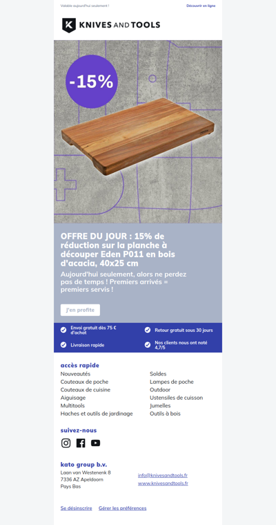 OFFRE DU JOUR : 15% de réduction sur la planche à découper Eden P011 en bois d'acacia, 40x25 cm