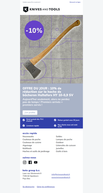 OFFRE DU JOUR : 10% de réduction sur la hache de bûcheron Hultafors HY 10-0,9 SV