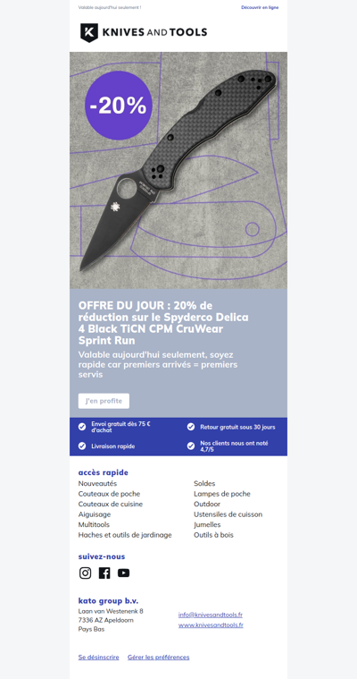 OFFRE DU JOUR : 20% de réduction sur le Spyderco Delica 4 Black TiCN CPM CruWear Sprint Run