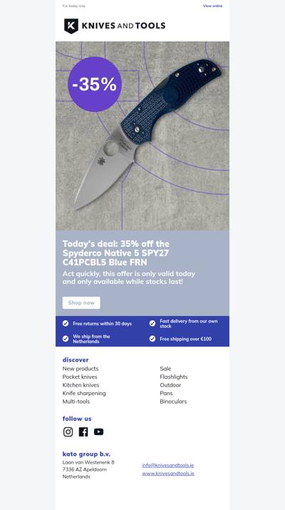 DEAL OF THE DAY: 35% off the Spyderco Native 5 SPY27 C41PCBL5 Blue FRN