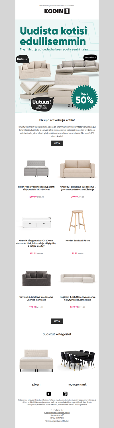 Jopa 50 % alennus monista uutuuksista! 🛋