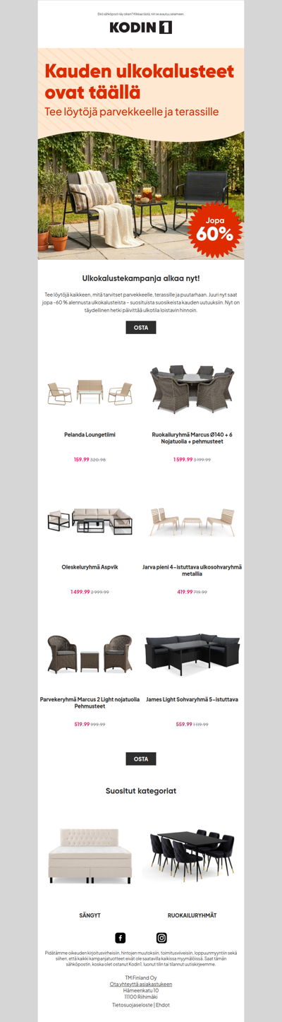Ulkokauppa on AUKI! Jopa -60 % ulkokalusteista 🤩