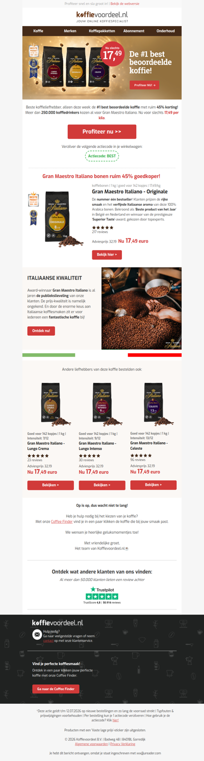NU: topkoffie voor 17,49 euro/kg!