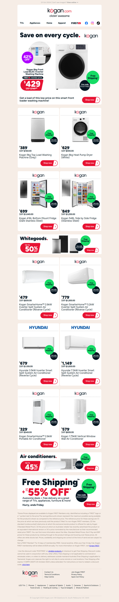 Free shipping & up to 50% OFF washing machines, air conditioners, fridges & more