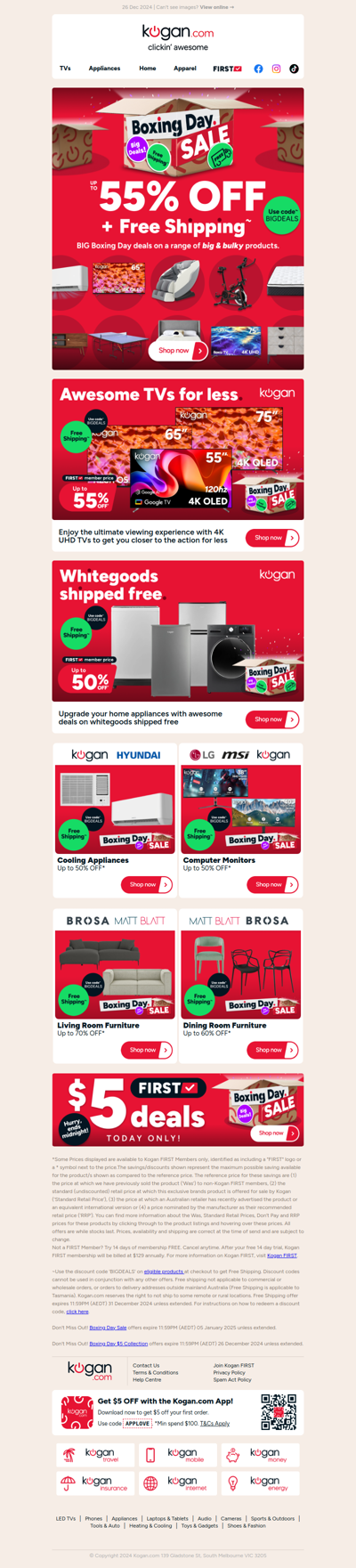 Up to 55% OFF + free shipping on TVs, whitegoods & more in our Boxing Day Sale!