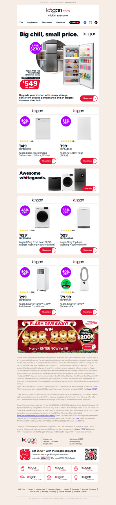 Kogan 415L Top Mount Fridge ONLY $549 ($270 OFF standard retail price)