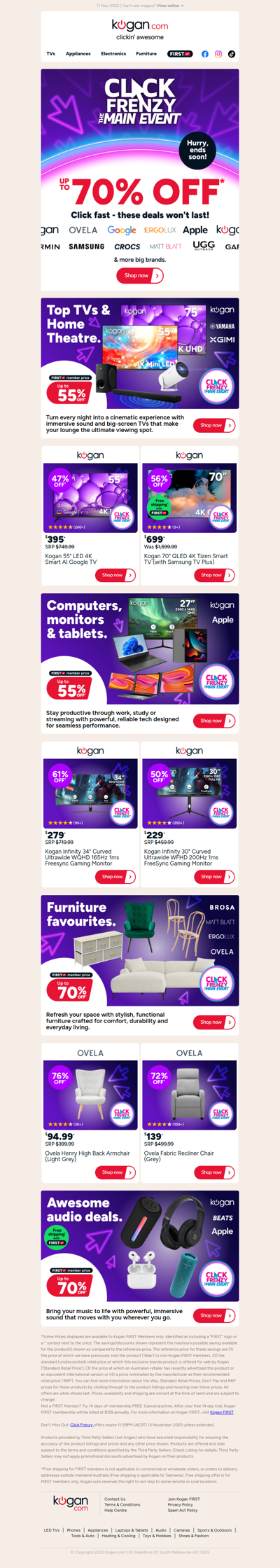 Click Frenzy Sale ON NOW ⚡ Up to 70% OFF an awesome range of TVs, furniture, appliances & more!