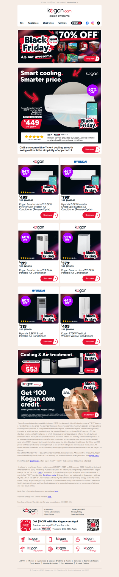 Black Friday air con deal ❄️ Kogan SmarterHome™️ 2.6kW Air Con ONLY $449 (50% OFF standard retail price)