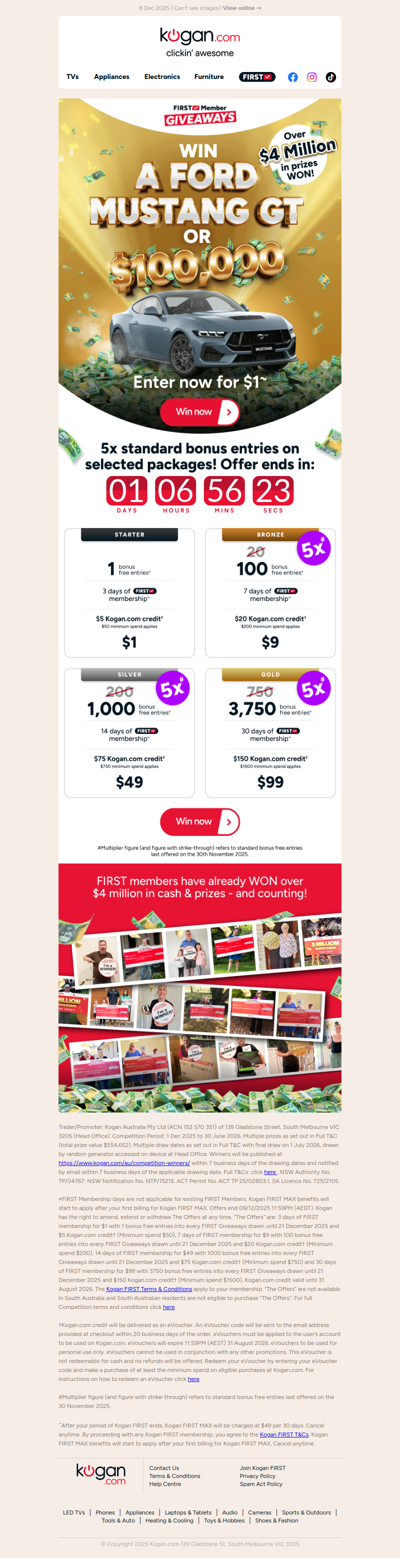 ⏱️ WIN a Mustang GT or $100K CASH - 5x Standard Bonus Entries ENDS TOMORROW!