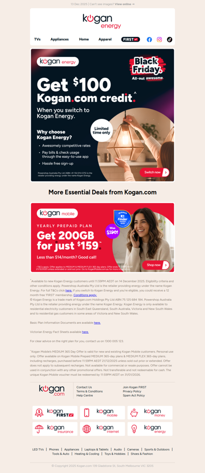 LAST CHANCE: Black Friday ⚡ Get $100 Kogan.com credit when you switch to Kogan Energy!