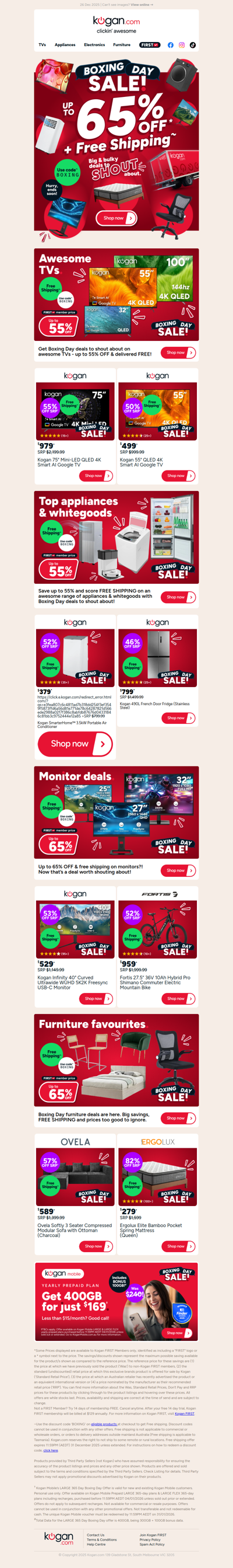 BOXING DAY SALE ON NOW 🚚 Up to 65% OFF + FREE SHIPPING on awesome TVs, appliances, furniture & more!