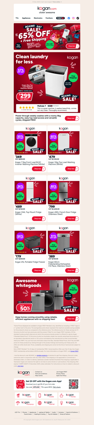 Hurry, ENDS MIDNIGHT 🚚 Up to 50% OFF whitegoods in our Boxing Day Free Shipping Sale!