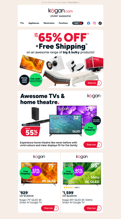 Up to 65% OFF + Free Shipping on TVs, appliances, furniture & more! 🚨
