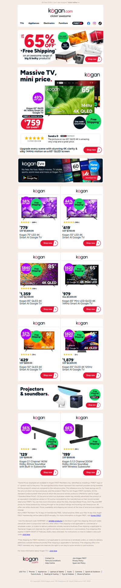 Free Shipping deal 💥 Kogan 65