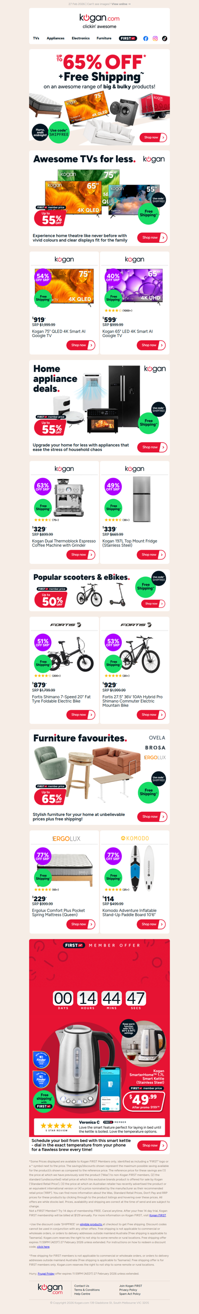 Free Shipping Sale ENDS MIDNIGHT 🚚 Up to 65% OFF + Free Shipping on TVs, Appliances, Fitness, Furniture & More!