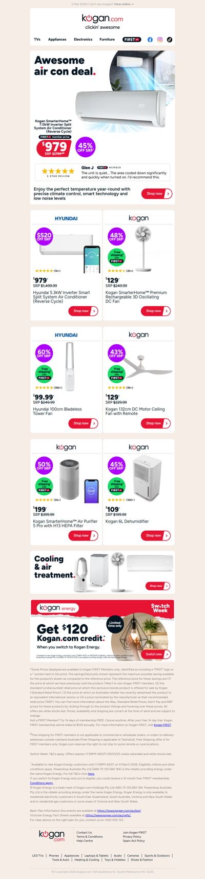 Kogan SmarterHome™ 7.0kW Split System Air Conditioner NOW $979 (45% OFF standard retail price)