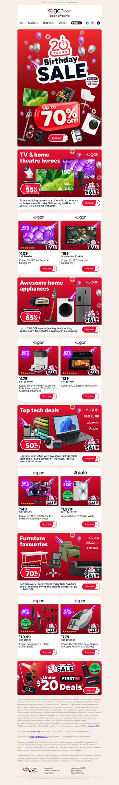 Birthday Sale FIRST Access 🎉 Up to 70% OFF awesome TVs, appliances, tech, furniture & more!