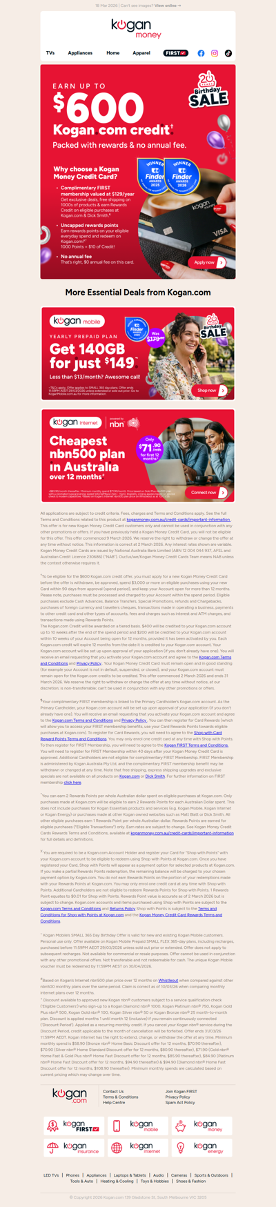 Birthday Offer 🥳 Earn up to $600 Kogan.com credit† with a Kogan Credit Card! 😮