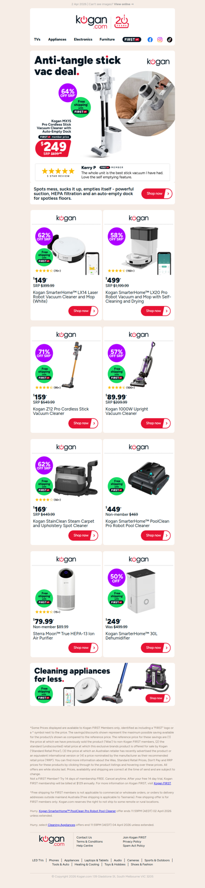 Kogan Anti-Tangle Stick Vac with Auto-Empty Dock ONLY $249 (64% OFF standard retail price)