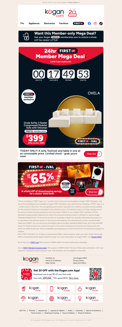 TODAY ONLY! 🚨 Ovela 3 Seater Sofa NOW $399 (Rising to $669 Tomorrow) FIRST Member Exclusive 😎