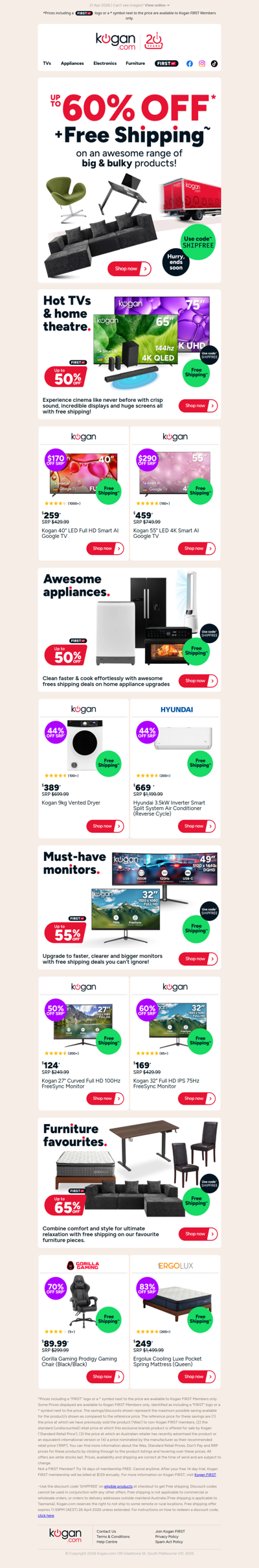 Free Shipping Sale on NOW 🚚 Up to 60% OFF Big & Bulky TVs, Homewares, Furniture & More!