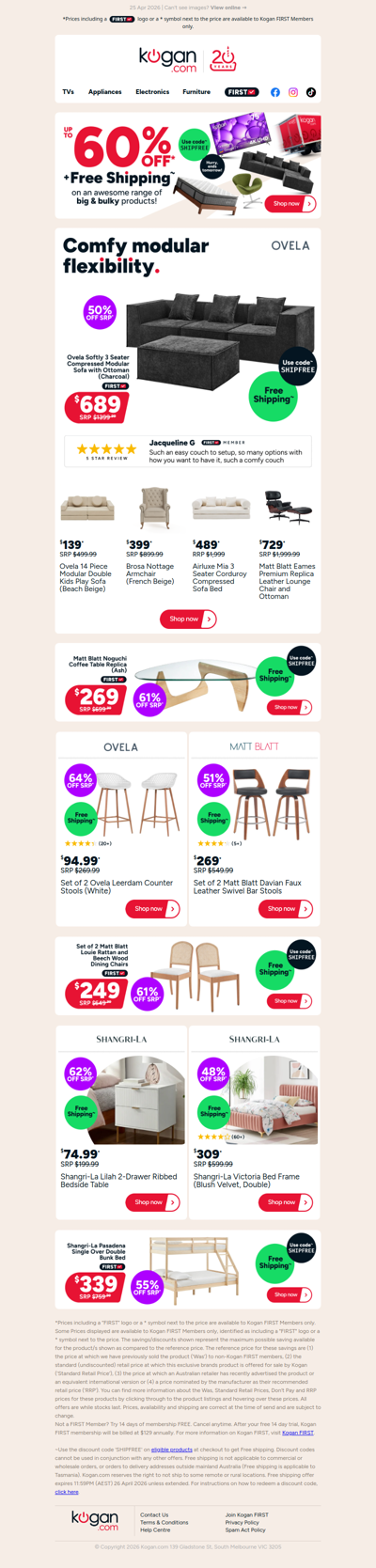 HURRY, ENDS TOMORROW! 3 Seater Sofa ONLY $689 + free shipping! (50% OFF standard retail price)