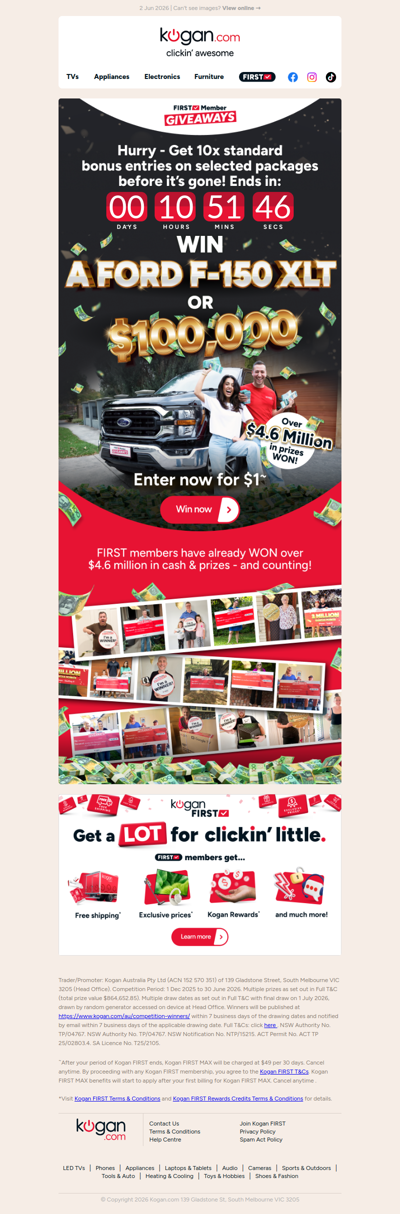Xasd, your BEST shot at a Ford F-150 XLT or $100K ENDS TONIGHT! 🚨