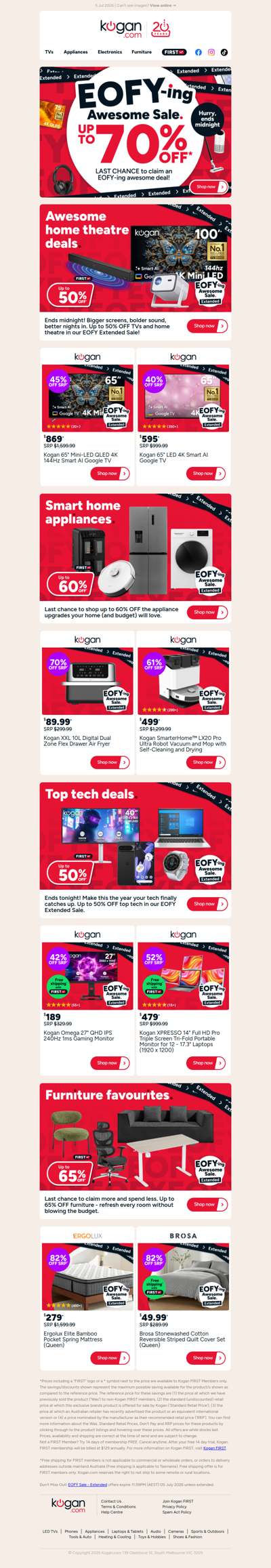 HURRY, ENDS MIDNIGHT!  🚨 Up to 70% OFF TVs, tech, appliances & more in our EOFY Extended Sale!