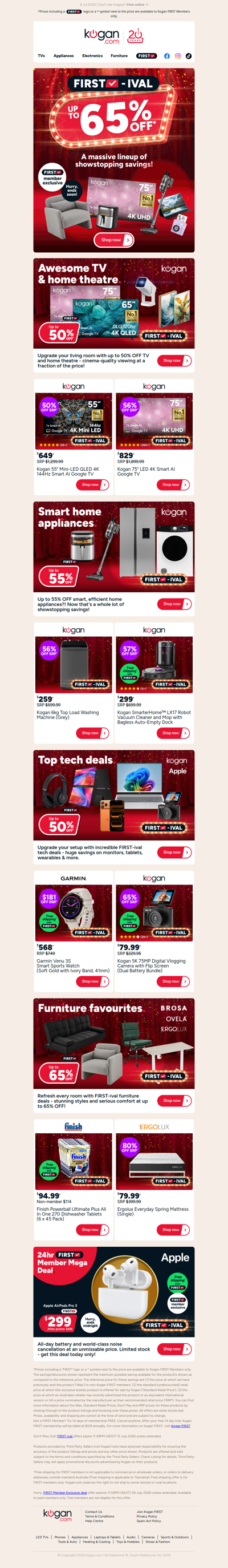 FIRST-ival Sale on NOW ⚡️ Up to 65% OFF showstopping TVs, tech, appliances & more!