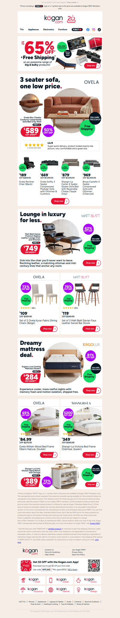 Free shipping deal 🔥 Ovela 3 Seater Sofa Bed ONLY $589 (50% OFF standard retail price)
