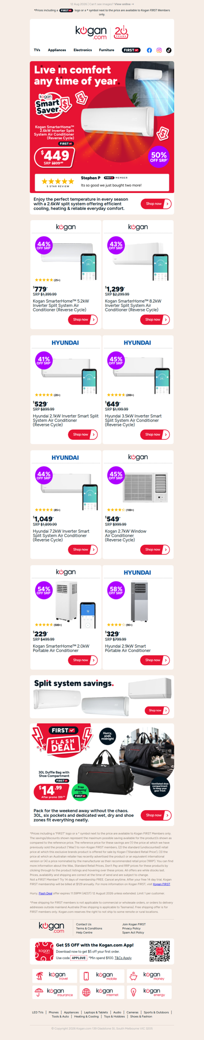Kogan 2.6kW Split System Air Con ONLY $449 (50% OFF standard retail price)