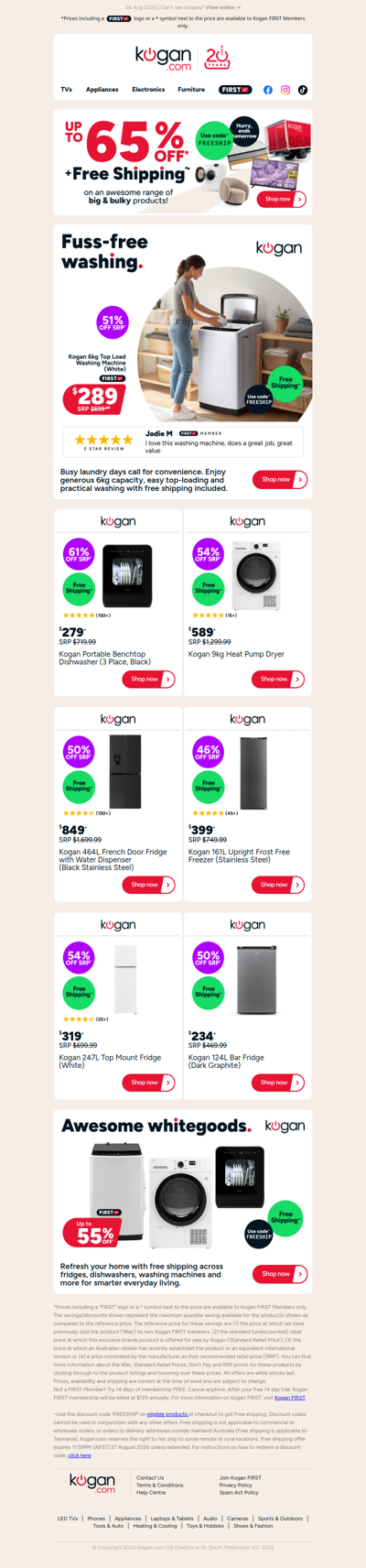 HURRY, ENDS TOMORROW 🚨 Up to 55% OFF awesome whitegoods in our FREE Shipping Sale 🚚