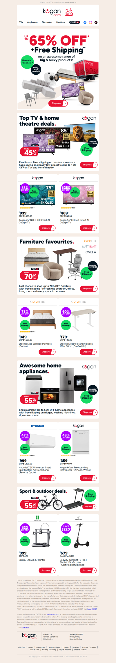 Ends MIDNIGHT 🚚 Up to 65% OFF + FREE shipping on an awesome range of big & bulky products!