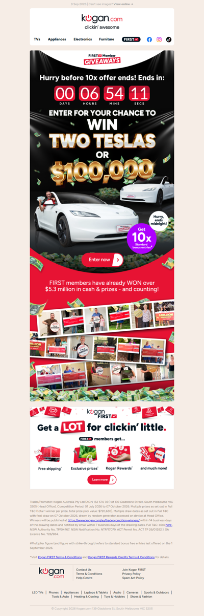 Xasd: 10x standard bonus entries ends TONIGHT! Could this win you $100,000 cash or TWO Teslas?