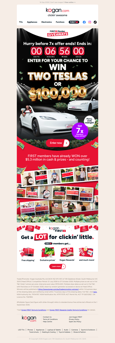 Xasd: $100,000 cash or TWO Teslas! 7x standard bonus entries ENDS TONIGHT.