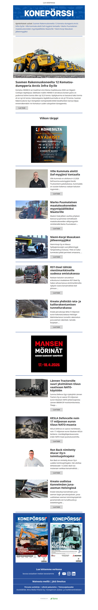 Konepörssi: Suomen Rakennuskoneelta 12 Komatsu-dumpperia Arctic Infra Oy:lle