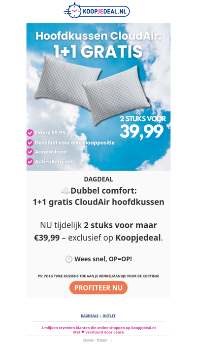 VANDAAG 1+1 gratis CloudAir kussens!