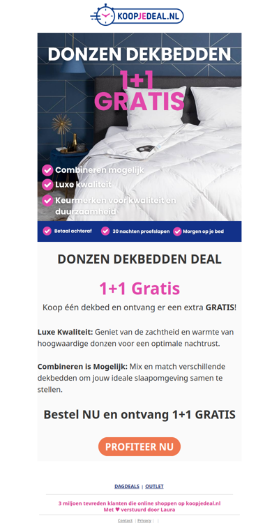 NU: 1+1 GRATIS op donzen dekbedden