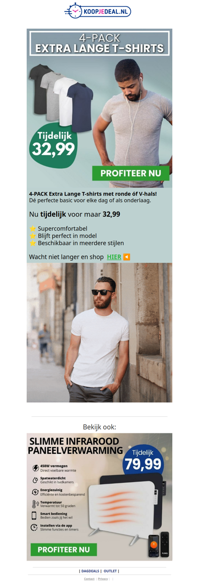 4 Extra Lange T-Shirts voor 32,99