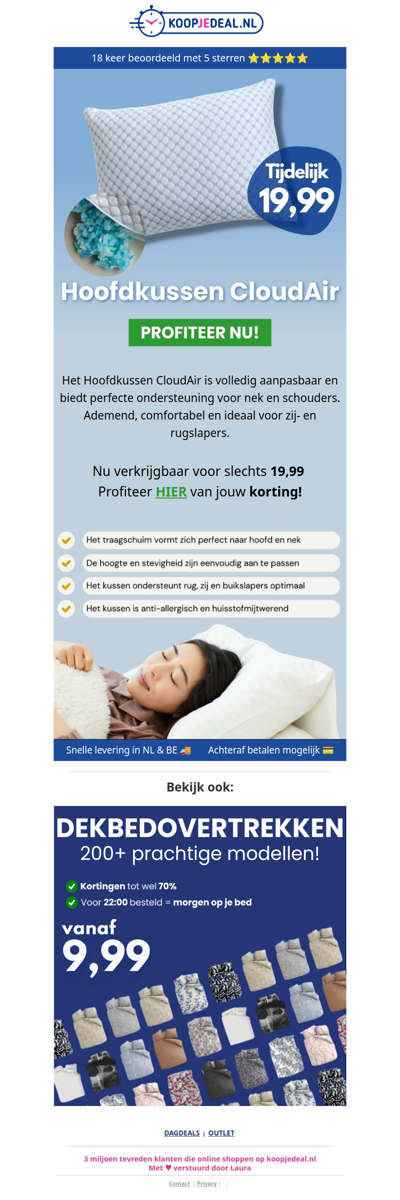 Actie: Hoofdkussen CloudAir 19,99 ☁️