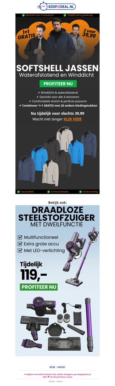 1+1 Gratis: 2 Softshell Jassen nu 39,99