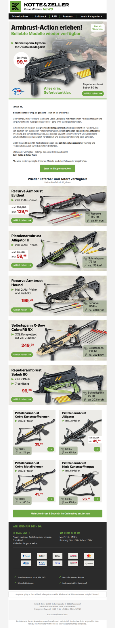 Wieder auf Lager: Beliebte Armbrust-Modelle